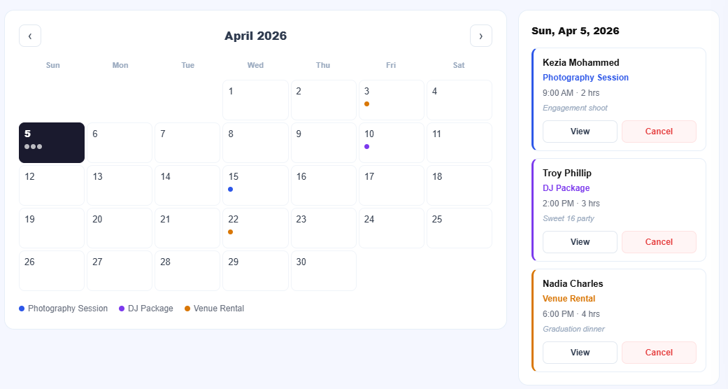 Bookings calendar showing March 2026 with Maria Santos photography session
