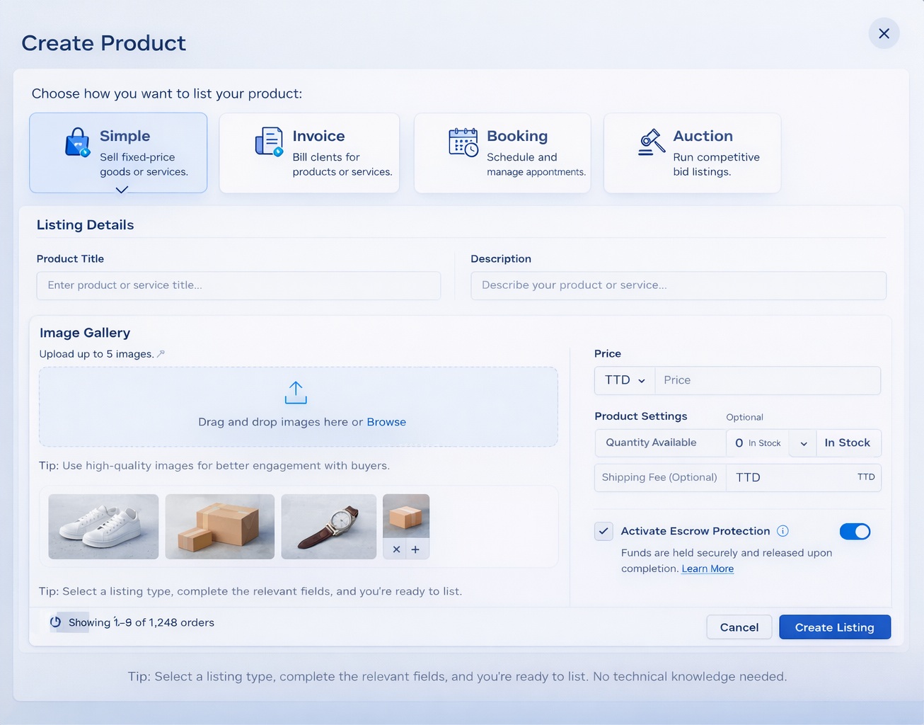 Add New Product screen with Simple, Invoice, Booking and Auction tabs