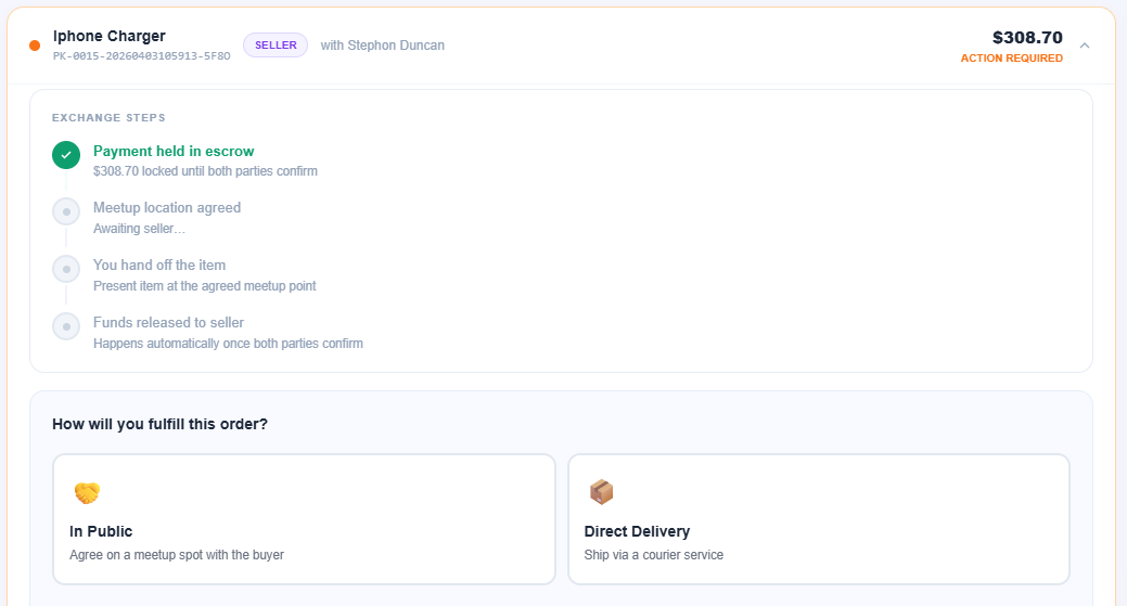 Live Kasctech meetup showing escrow steps for $308.70 plush toy transaction
